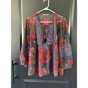 Daniel Rainn Flowy Sheer Floral Top Pintuck Tassel Boho Chic Peasant Large